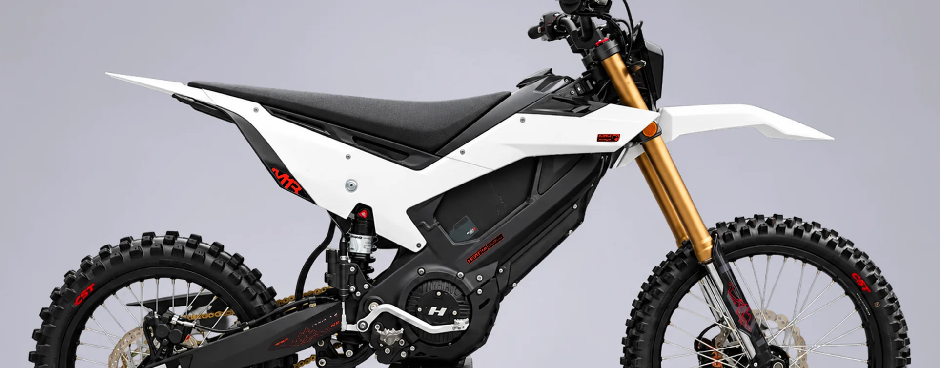 M1 Series electric dirt bike in white and black with gold forks