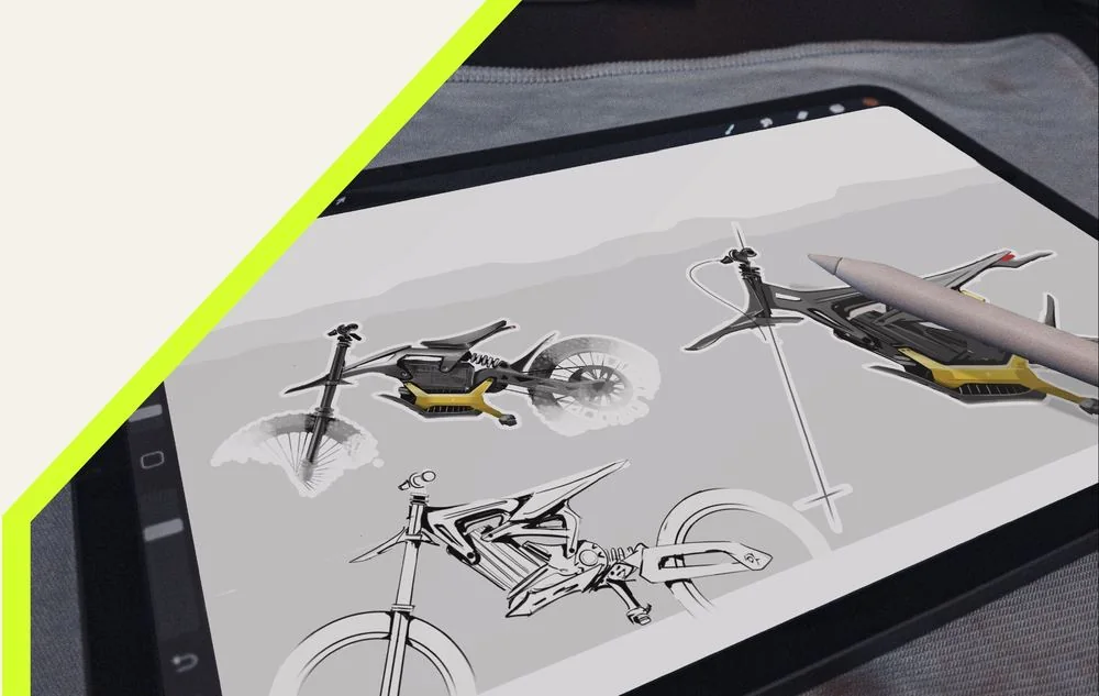 Dirt bike concept sketches on a tablet